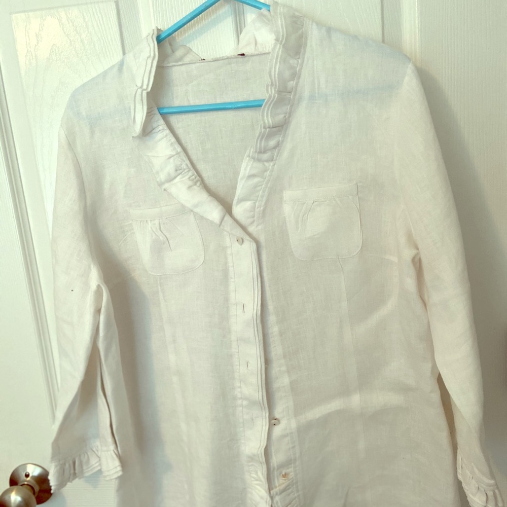 Jacket, linen button front. With ruffles